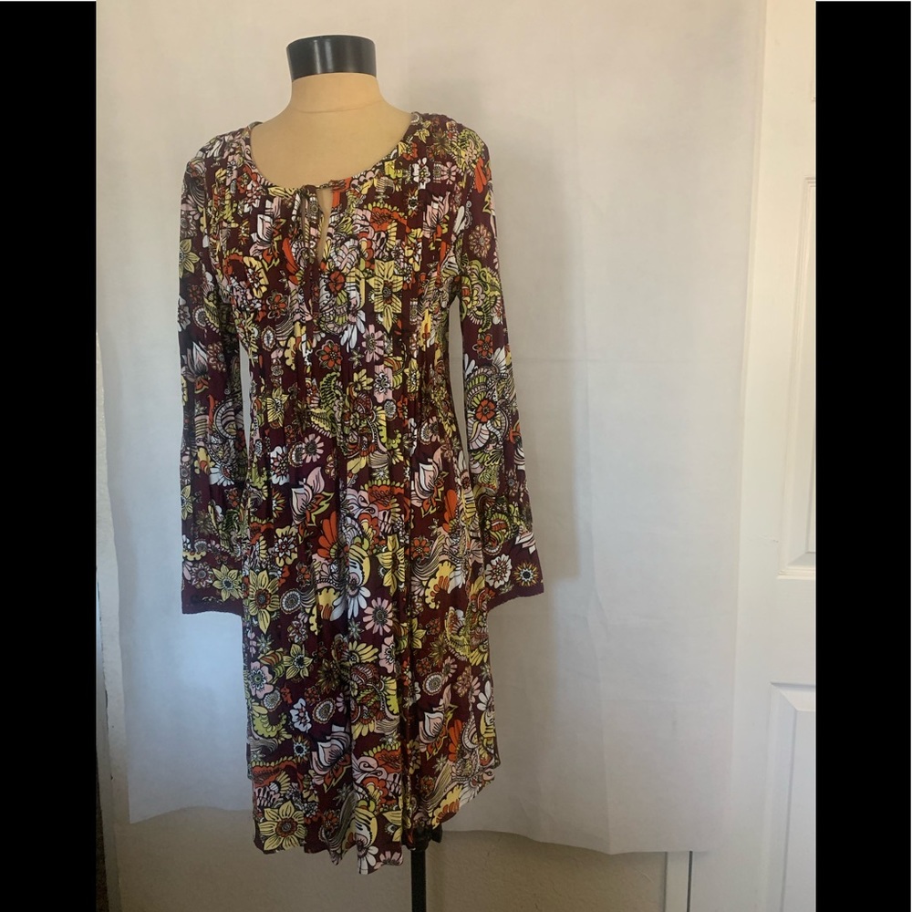 Sahalie Floral Pleated Peasant Boho Shift Dress S